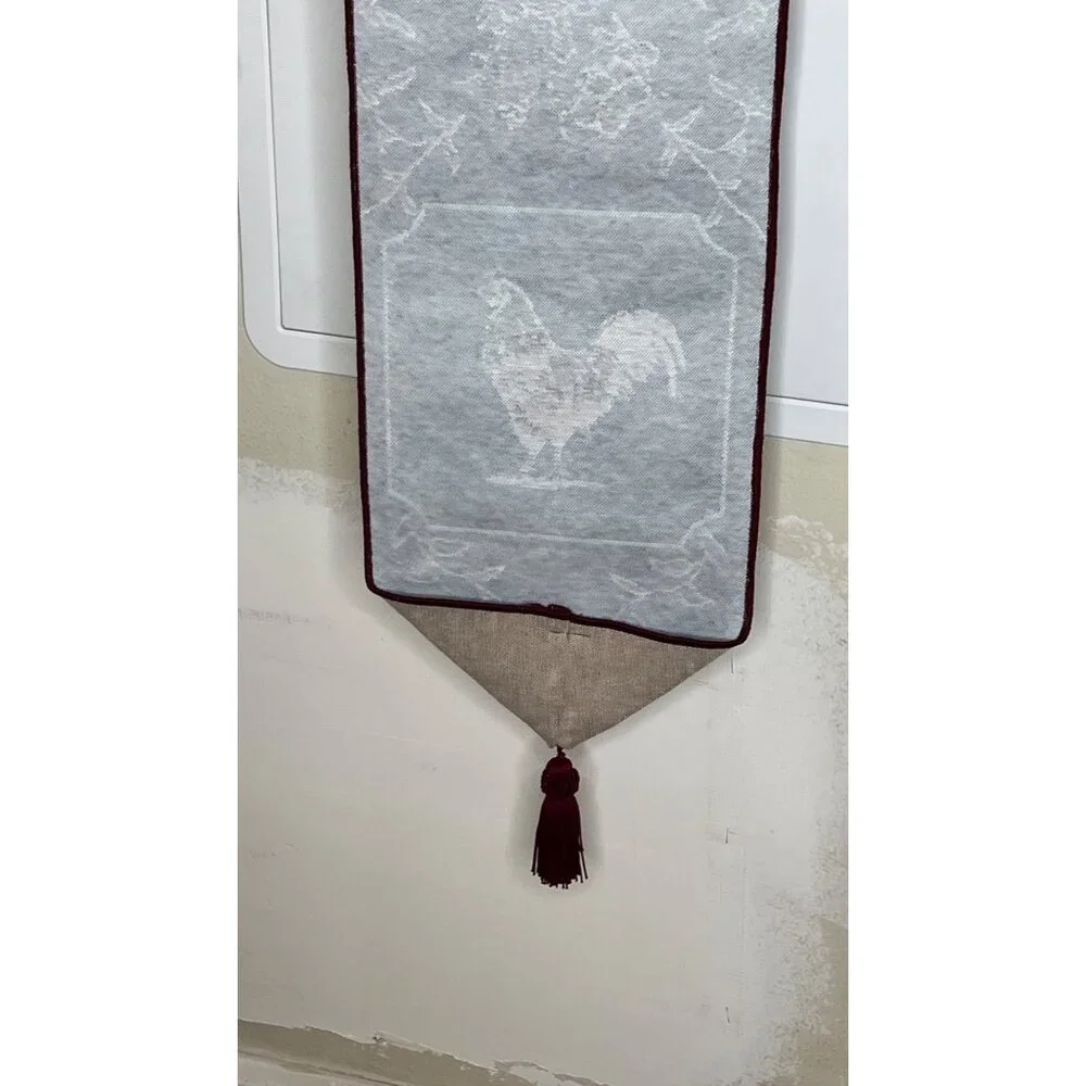 Rooster-Themed Decorative Tapestry Wall Hanging W/Burgundy Tassel Floral Borders